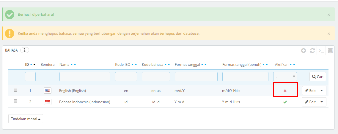 Memakai bahasa indonesia di presta 1.6