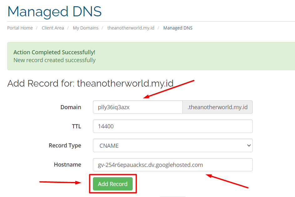 membuat DNS record berupa cName value
