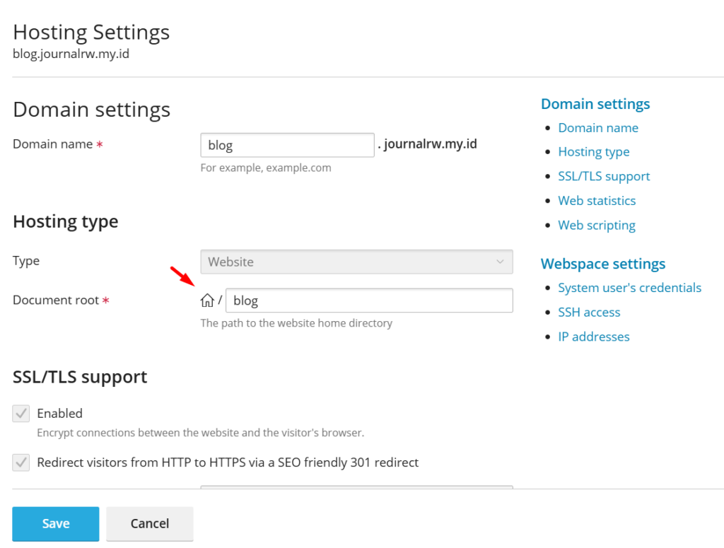 cek dokumen root subdomain di plesk