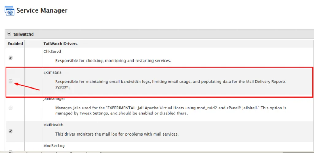disable service eximstats whm step 6