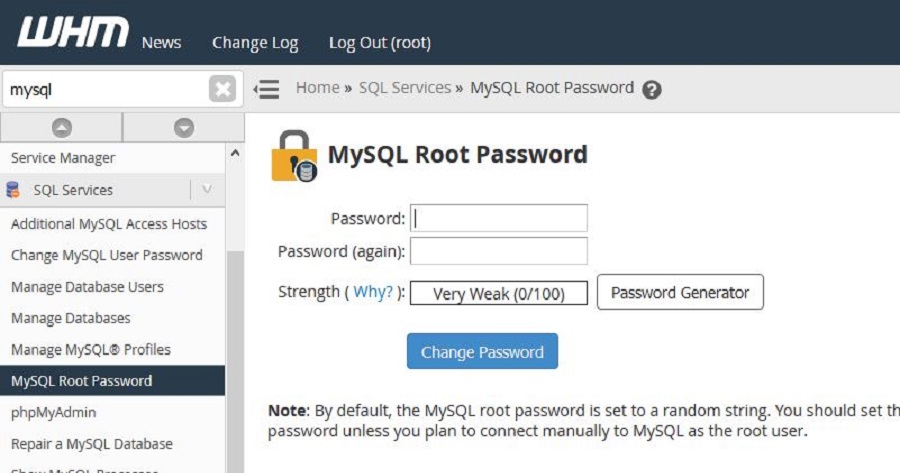 Password Root MySQL Pada WHM (cPanel)