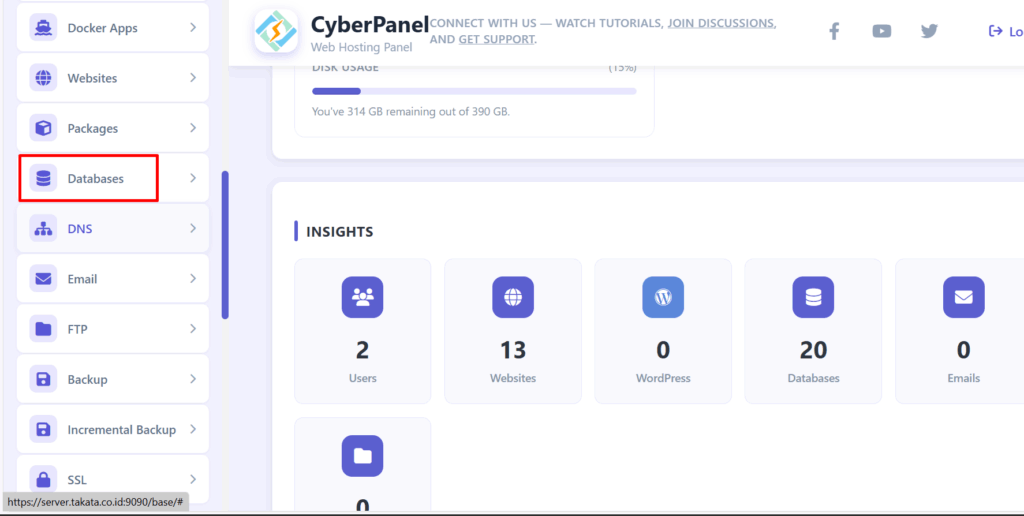 menu database cyberpanel