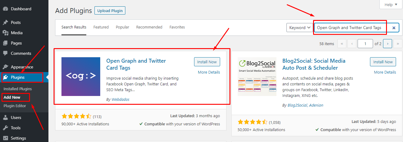 install plugin Open Graph and Twitter Card Tags