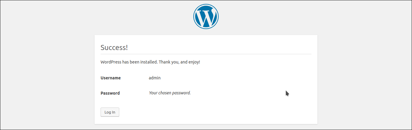 instalasi selesai, informasi username dan password wordpress