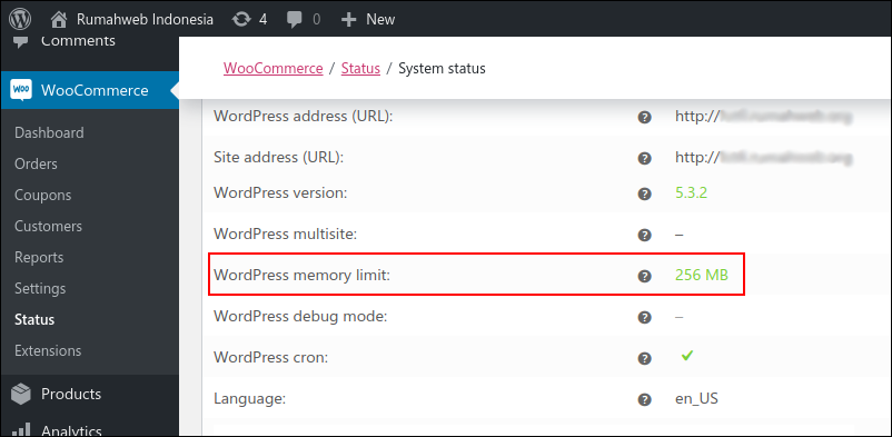 melihat perubahan wordpress memory limit dari dashboard