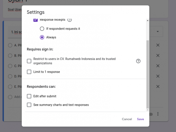 setting response ujian online google form | Rumahweb Journal
