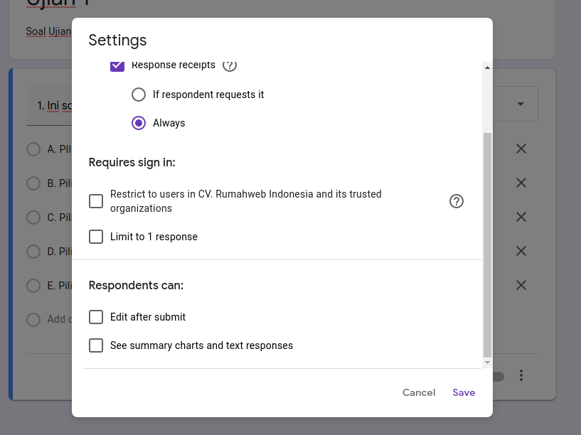 setting response ujian online google form | Rumahweb Journal