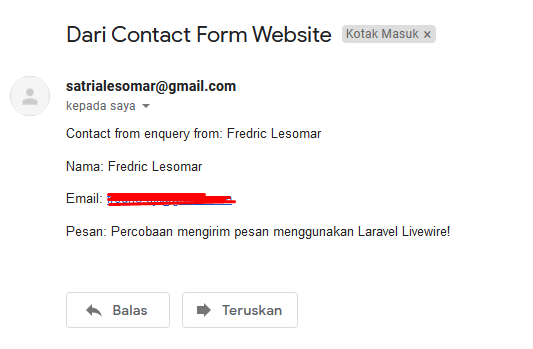 Hasil pengiriman email dari contact form
