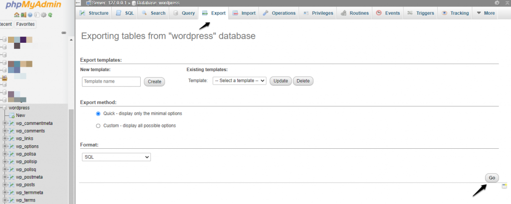 export database wordpress