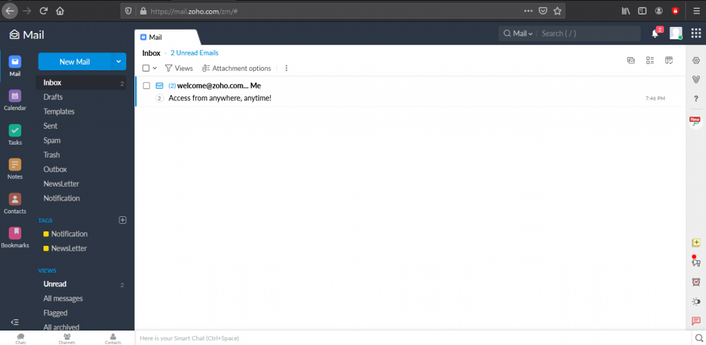 tampilan zoho mail setelah login
