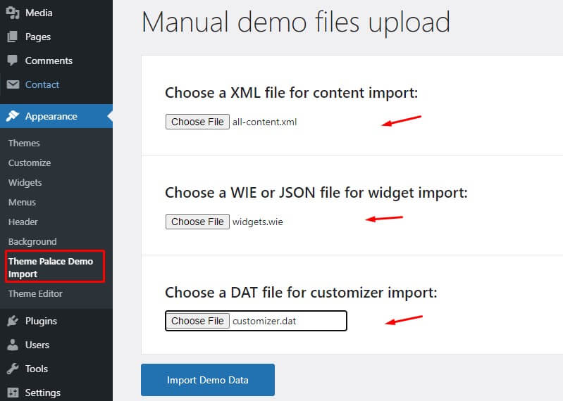 Manual import demo content WordPress