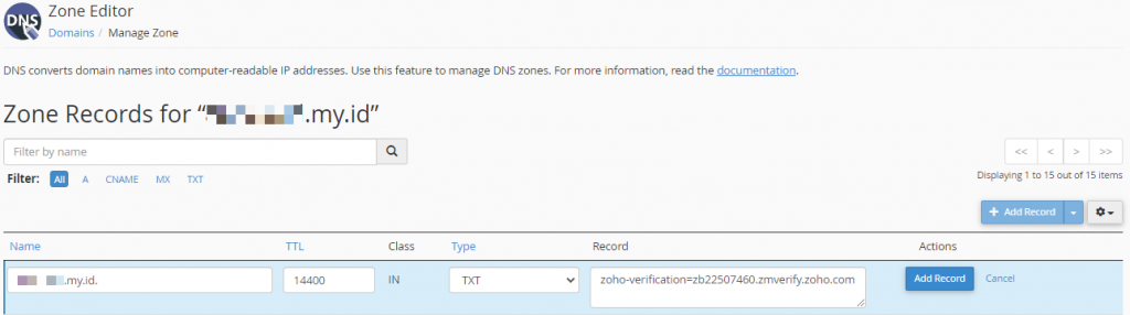setting dns domain ke zoho mail dari cpanel