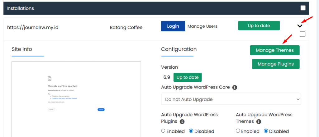 menu manage theme di softaculous