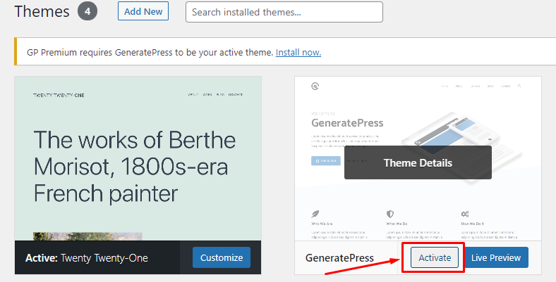 Mengaktifkan tema GeneratePress - Cara Menggunakan theme Generatepress di WordPress