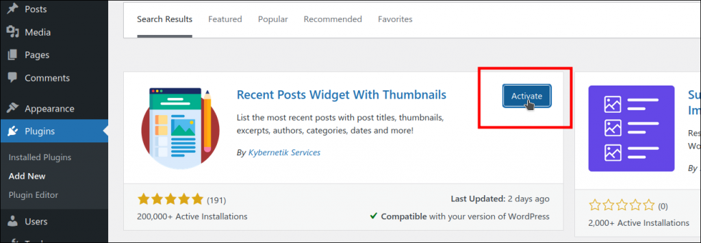 mengaktifkan plugin recent post