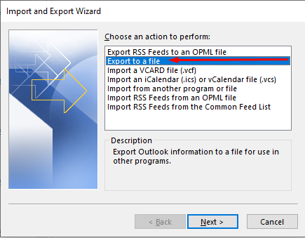 export to a file options outlook