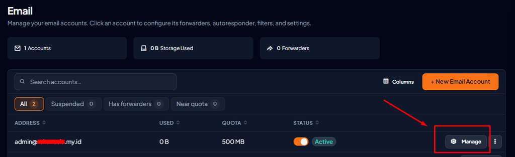 opsi suspend mail melalui menu manage di theme meridian cPanel