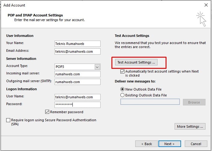 Outlook Tidak Bisa menerima email - test account settings
