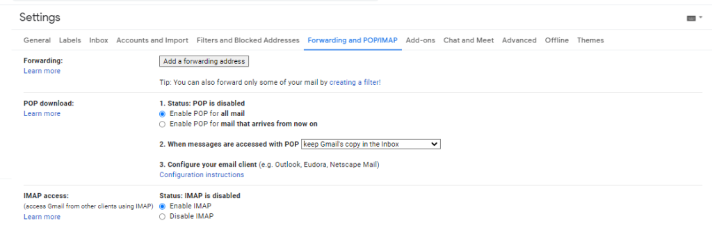 Setting pop gmail