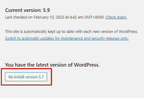 Gambar 5 : Downgrade WordPress menggunakan Plugin WP Downgrade