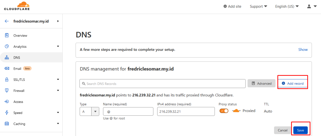 DNS Management Cloudflare, Add A record