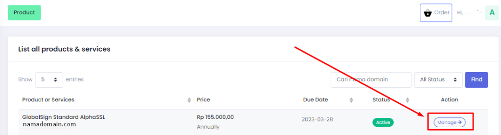 List Manage Product & Services SSL Globalsign