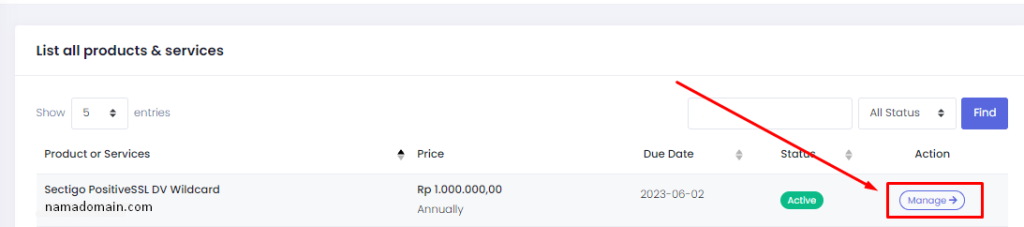 List Manage Product & Services untuk SSL Sectigo