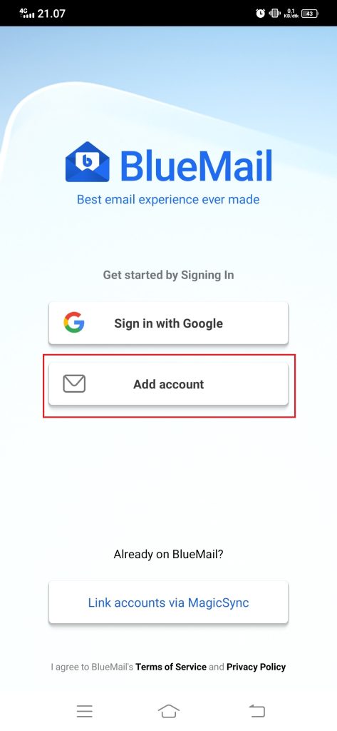 BlueMail Add account
