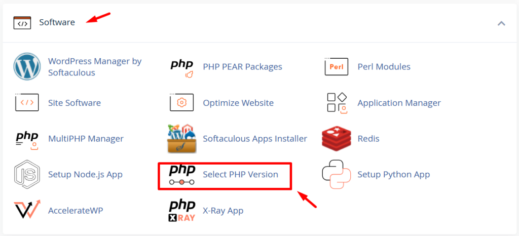 menu select php version