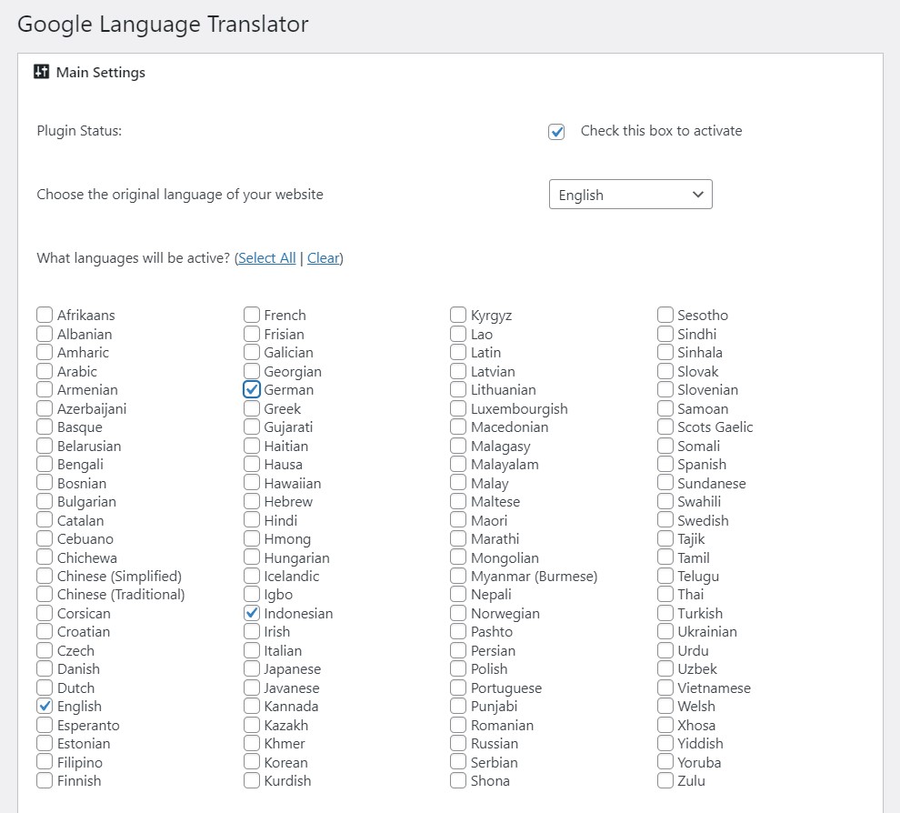 setup Google Language Translator