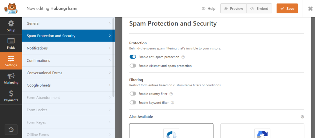 Setting spam dan security di wpform