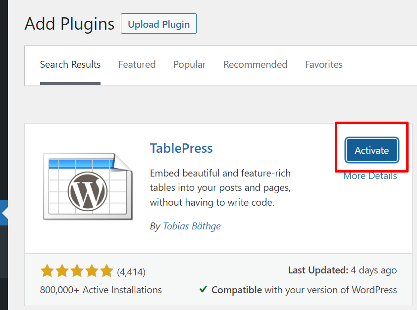 activate plugin tablepress - Cara Membuat Tabel Responsive di WordPress dengan Plugins TablePress