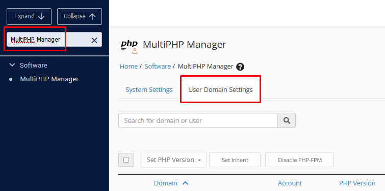 Akses menu MultiPHP Manager > User Domain Settings