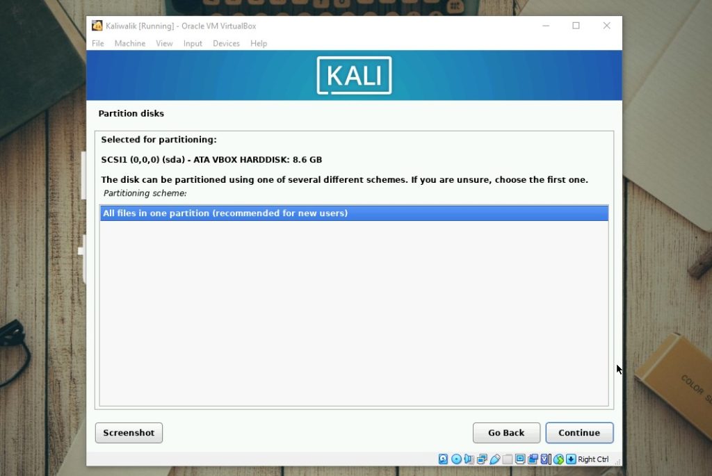 Install Kali di Virtualbox - all files in one partition