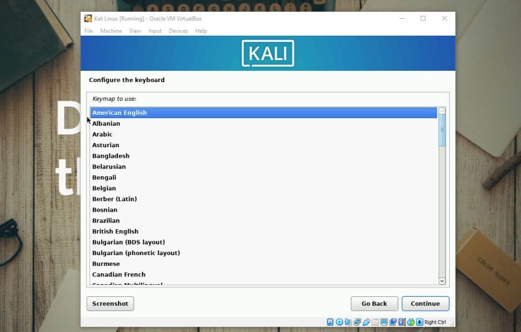 Install Kali di Virtualbox - keyboard