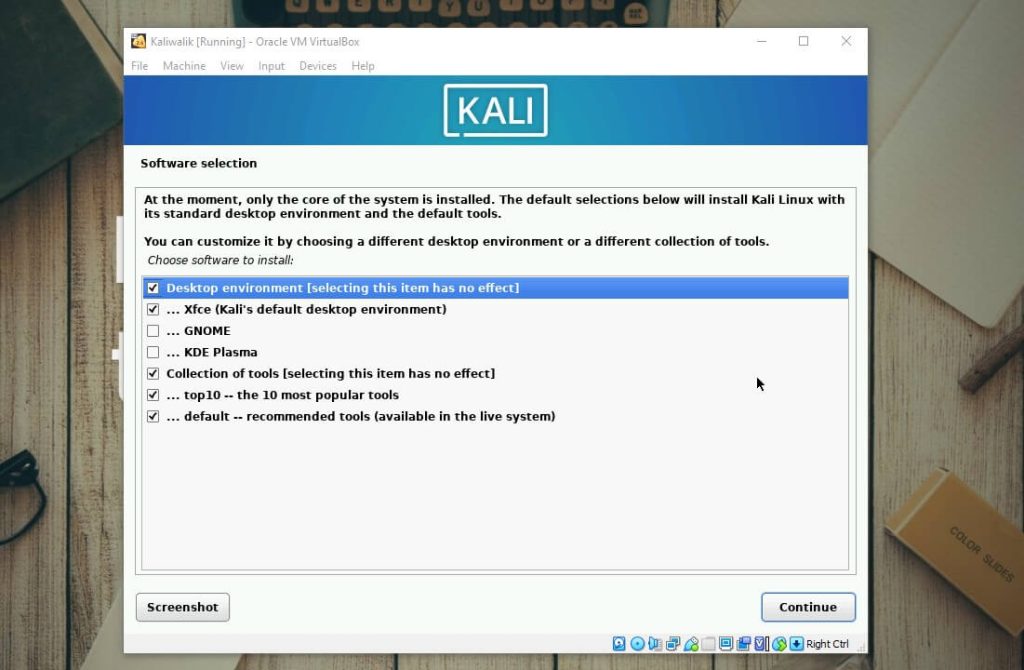 Install Kali di Virtualbox - software selection