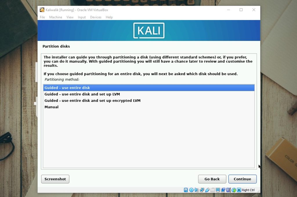 Install Kali di Virtualbox - user entire disk