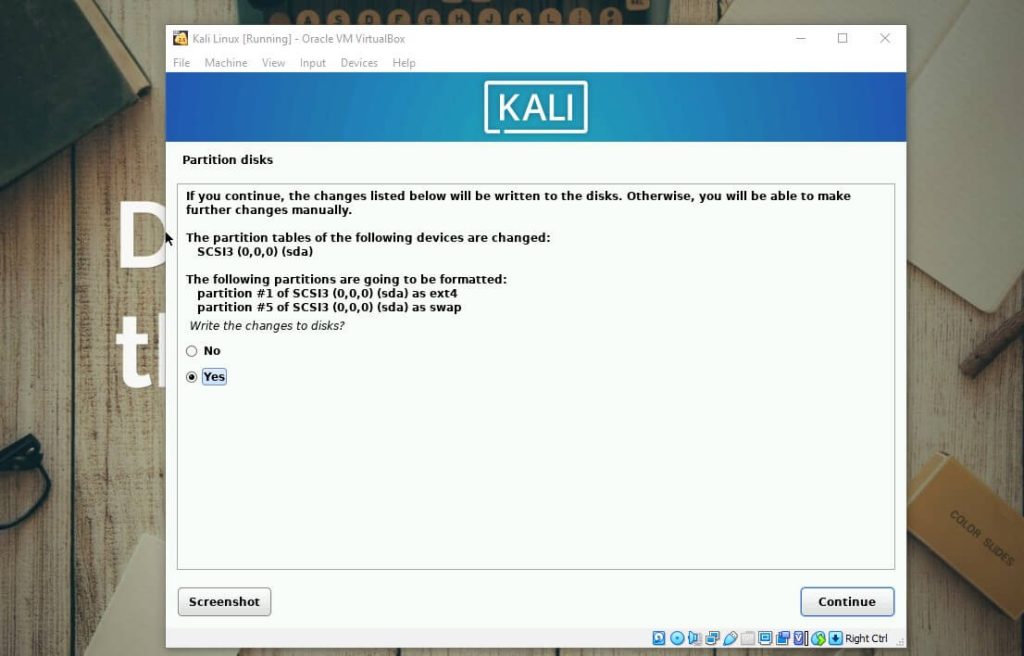 Install Kali di Virtualbox - yes continue