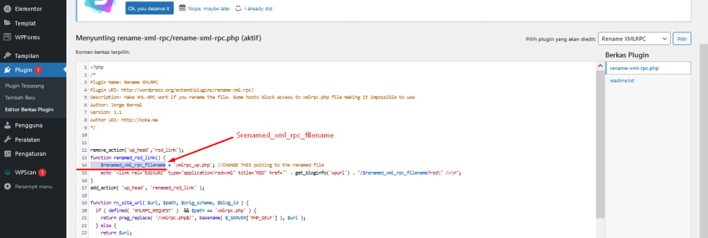 mengedit baris pada script plugin Rename XMLRPC