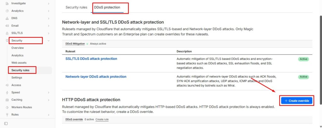 aktifkan ddos protection - buat rules security