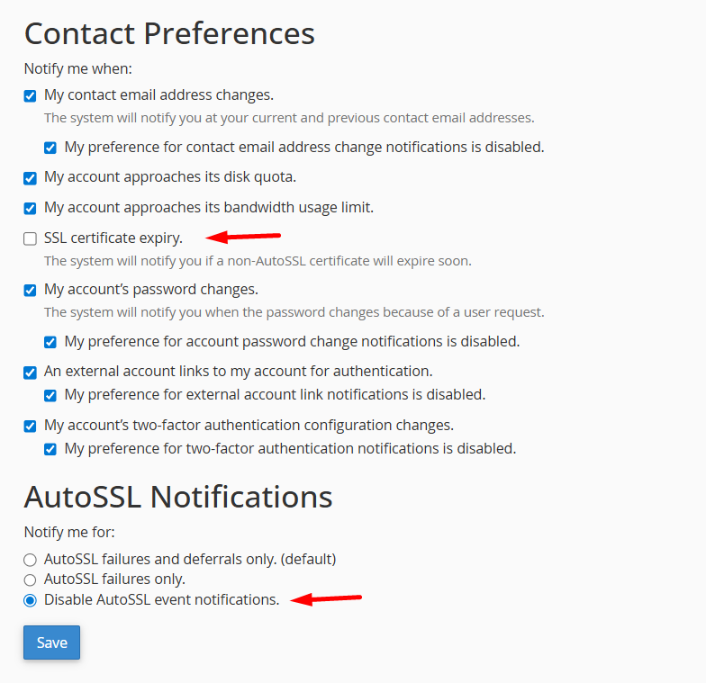disable notifikasi renewal AutoSSL di cPanel