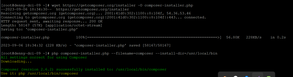 proses install composer di vps almalinux selesai