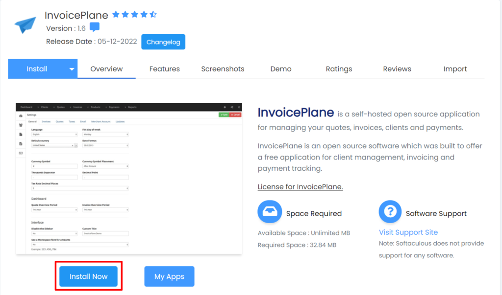 klik instal invoice plane