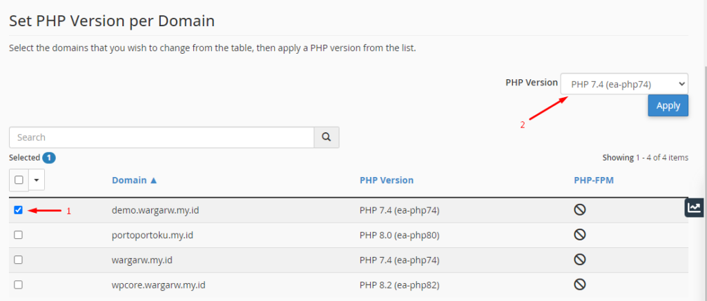 memilih versi php di multiphp