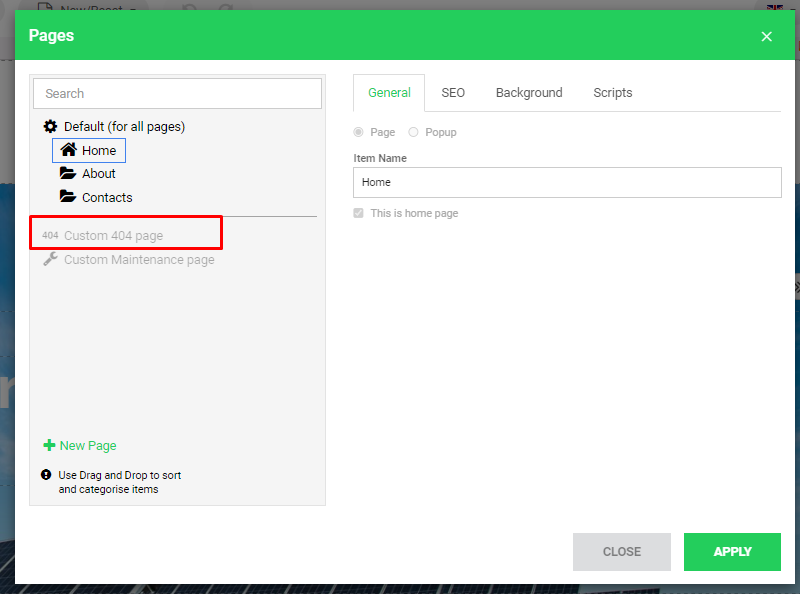 pilih custom 404 page