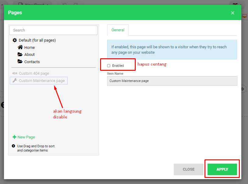 disable custom maintenance page
