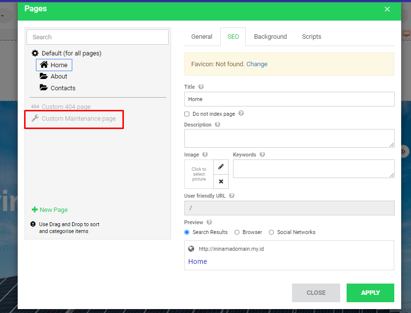 menu custom maintenance page
