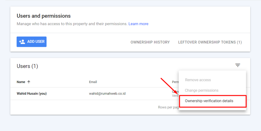 Ownership verifikasi details Google Search Console