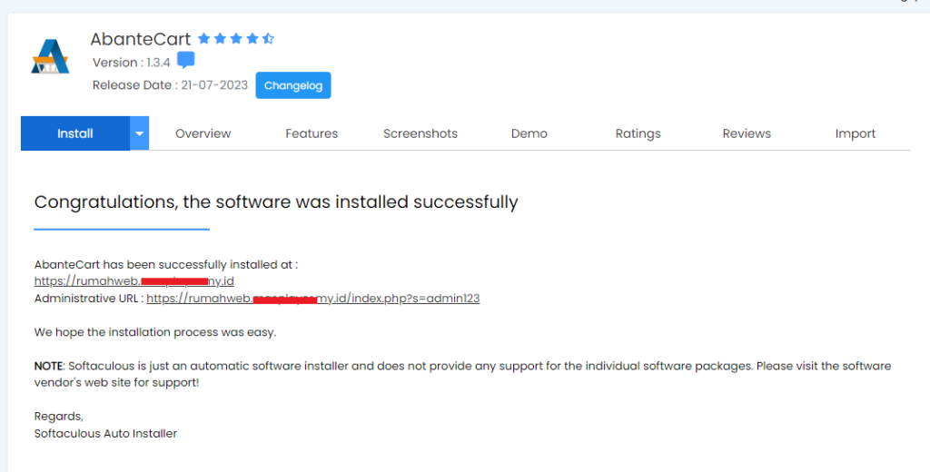 Installasi AbanteCart Selesai