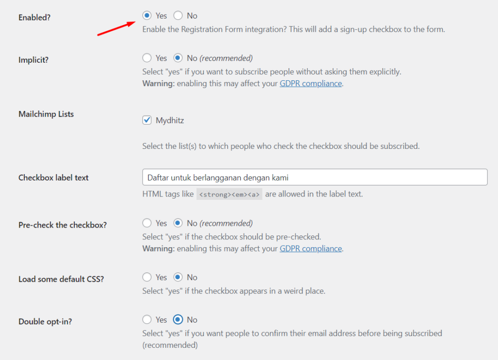 Registrations Form settings